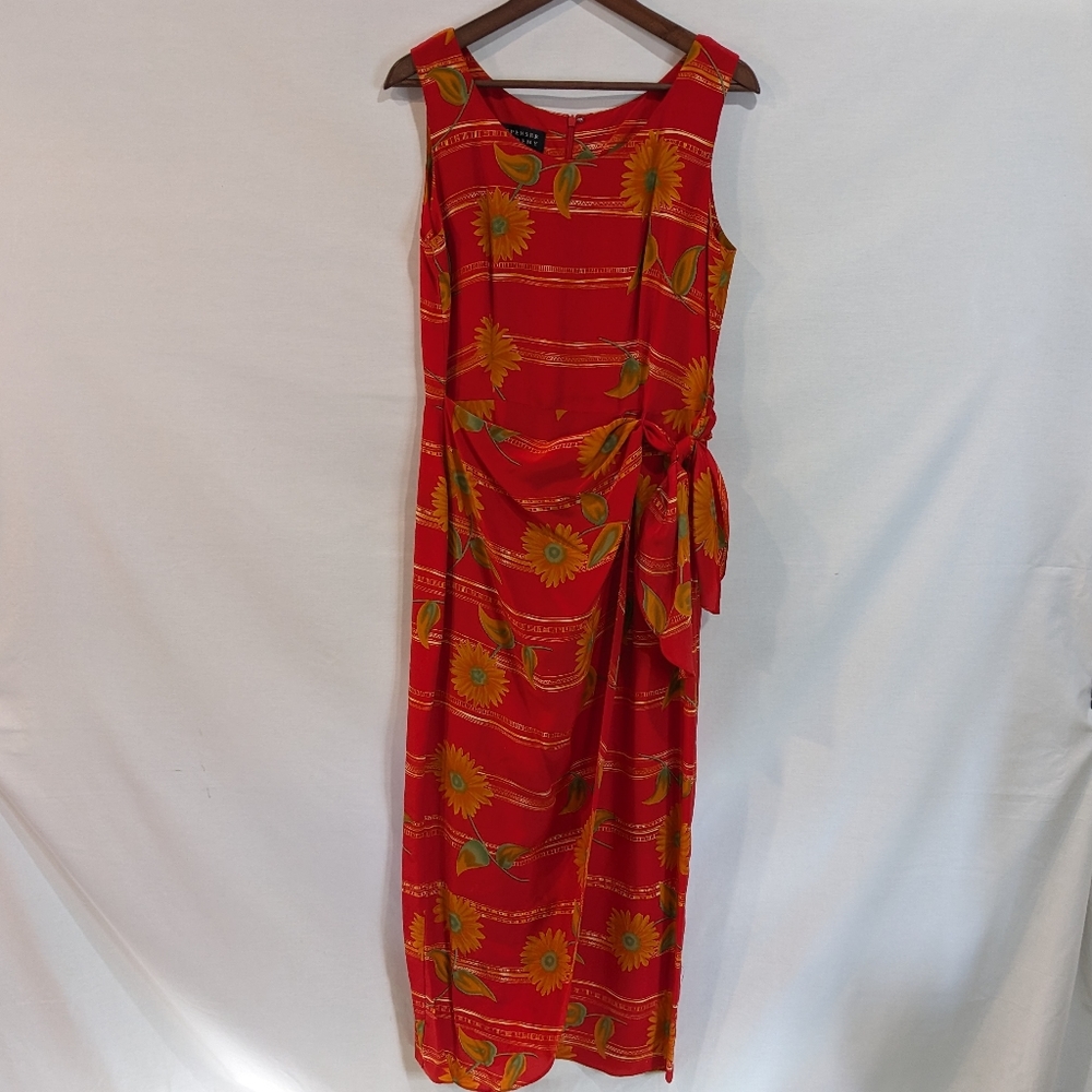 Vintage Spenser Jeremy 100% Silk Red Sunflower Print Wrap Style Dress Size 8